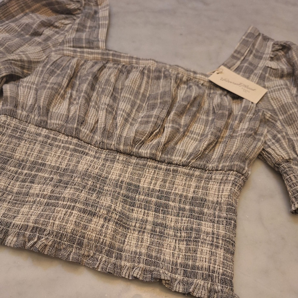 New Ruching Peasant Style Puffy Shortsleeve Plaid Crop‎ Top Universal Thread Lg